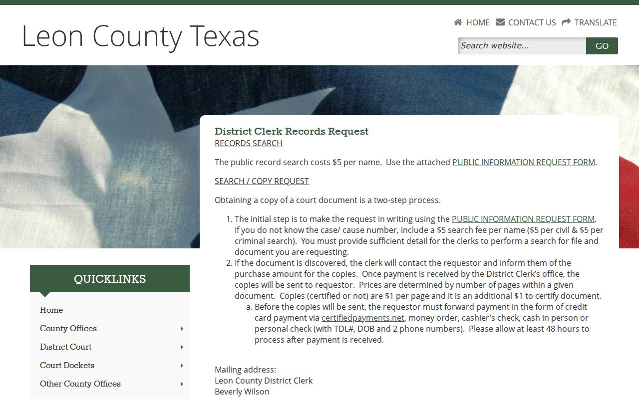 Leon County District Clerk records request page