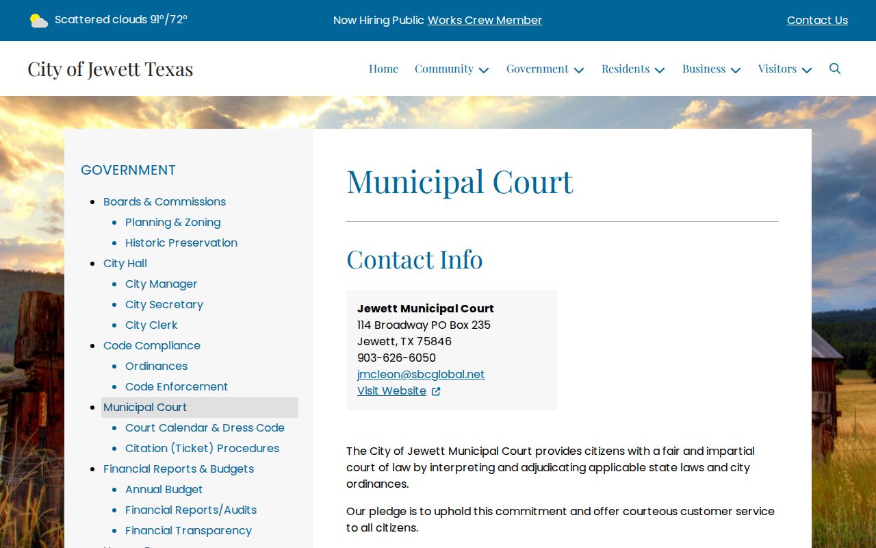Jewett Municipal Court information for Leon County traffic tickets